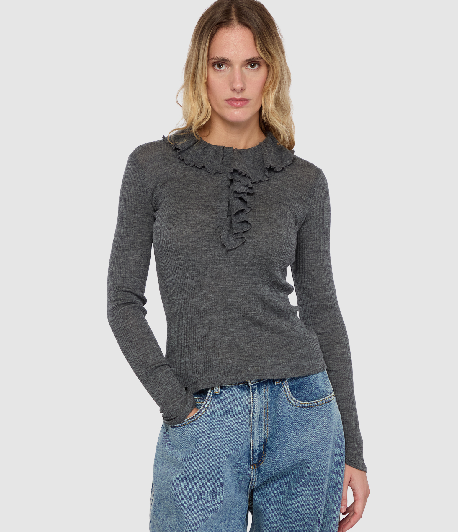 Tee Shirt Wool Ribbed Grey