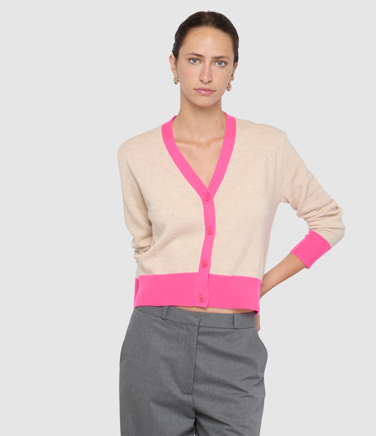 Pull Cardigan Bicolore Beige Chiné