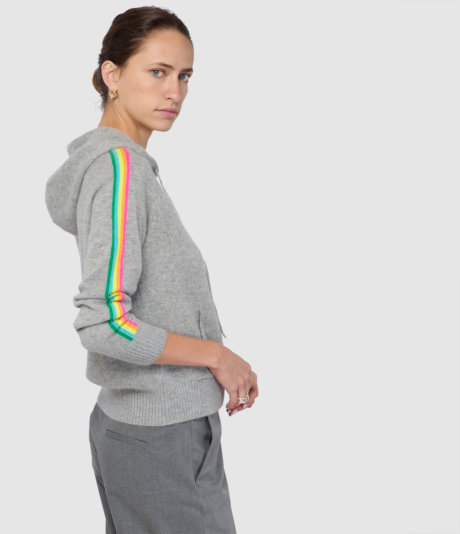 Pull Hoodie Zippé Bandes Multicolores Gris Chiné Foncé