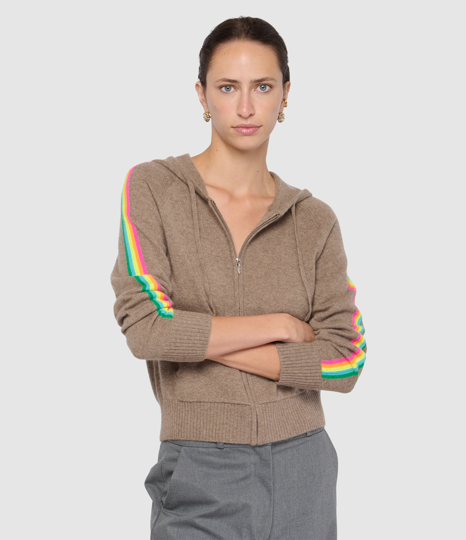 Pull Hoodie Zippé Bandes Multicolores Winter Taupe