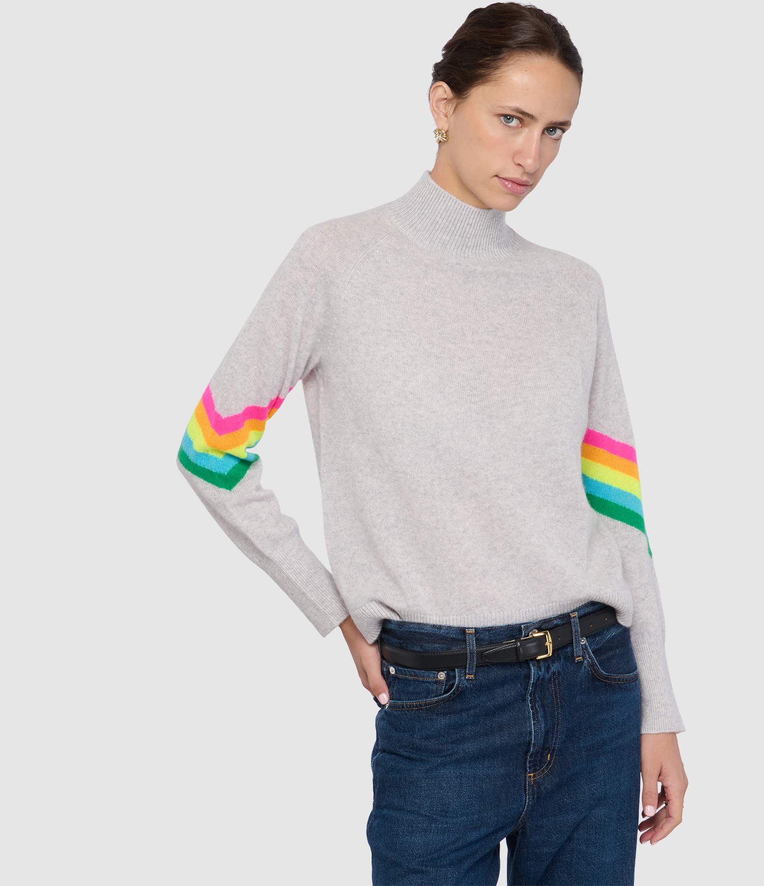 Pull Col Montant Bandes Gris Chiné Clair
