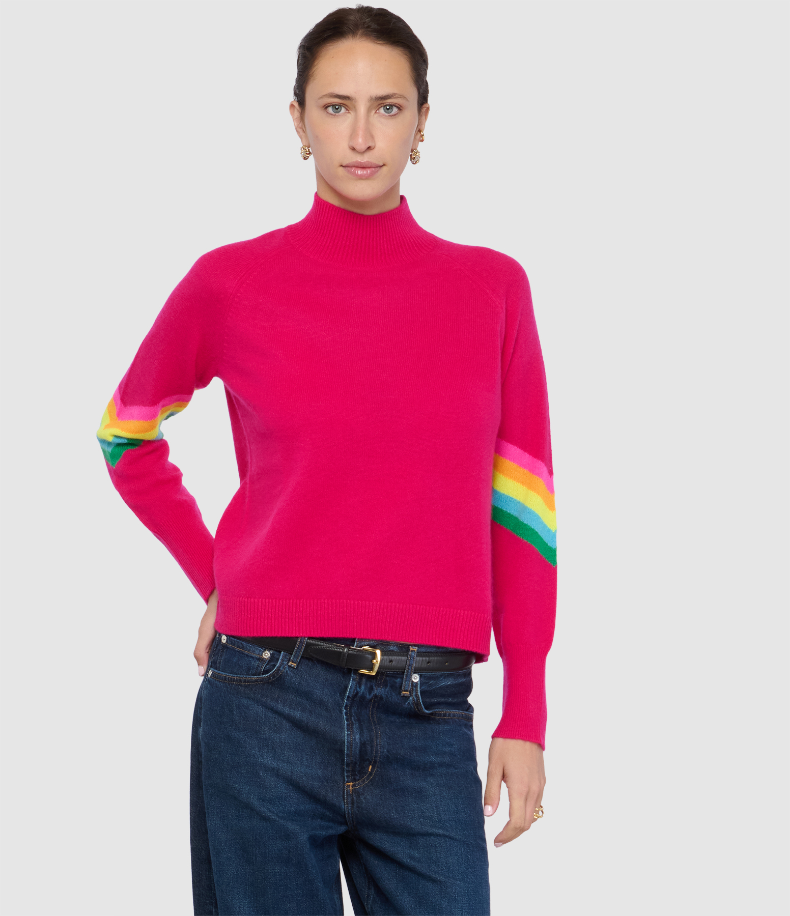 Pull Col Montant Bandes Raspberry Pink