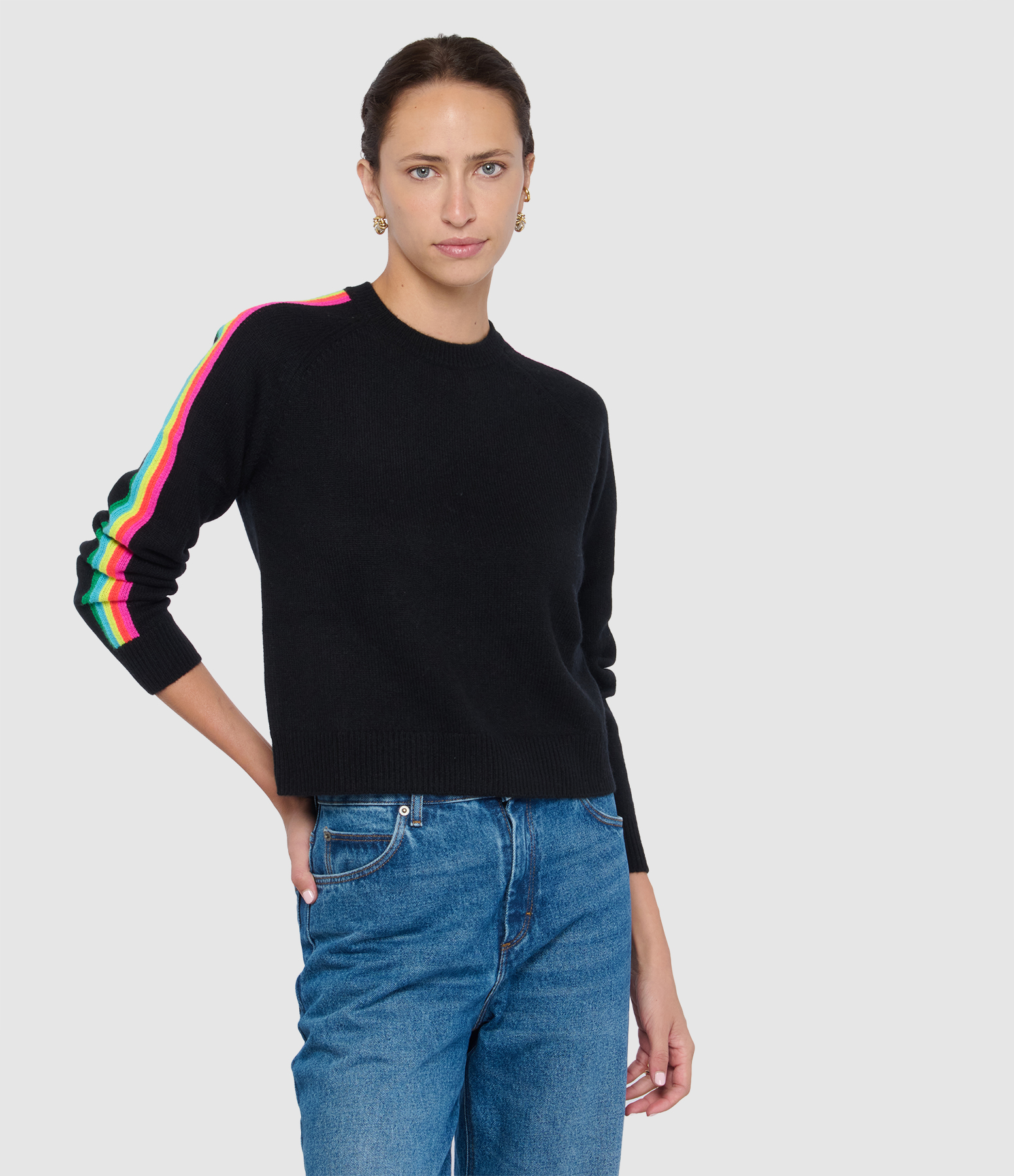 Pull Col Rond Bandes Multicolores Noir