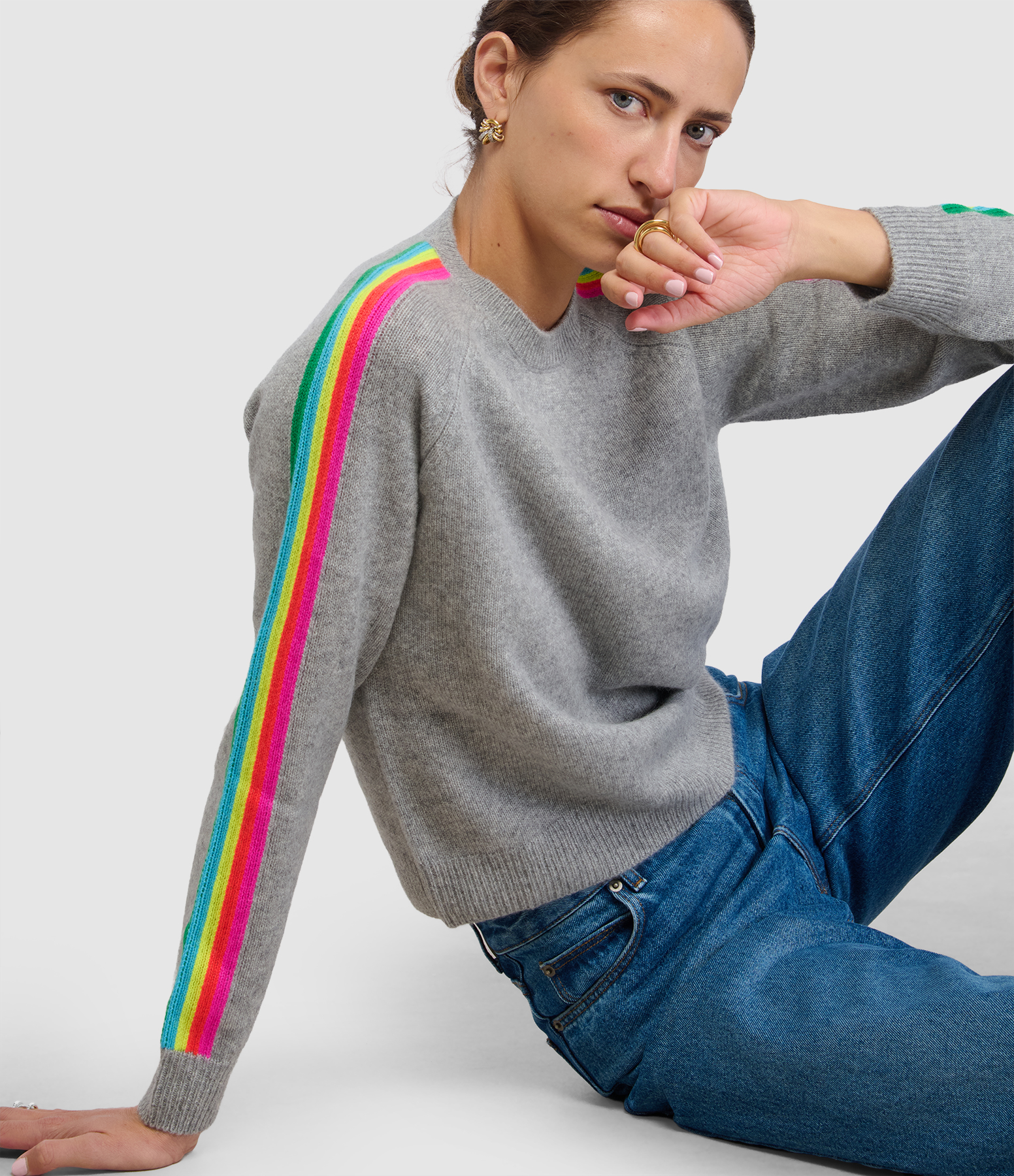 Pull Col Rond Bandes Multicolores Gris Chiné Foncé