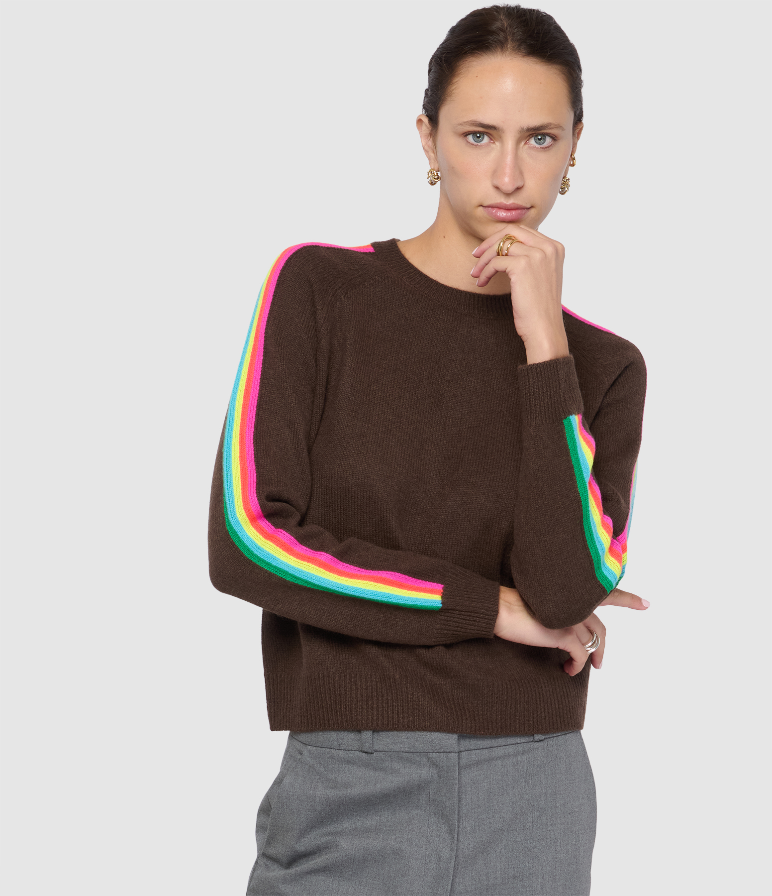 Pull Col Rond Bandes Multicolores Chocolat