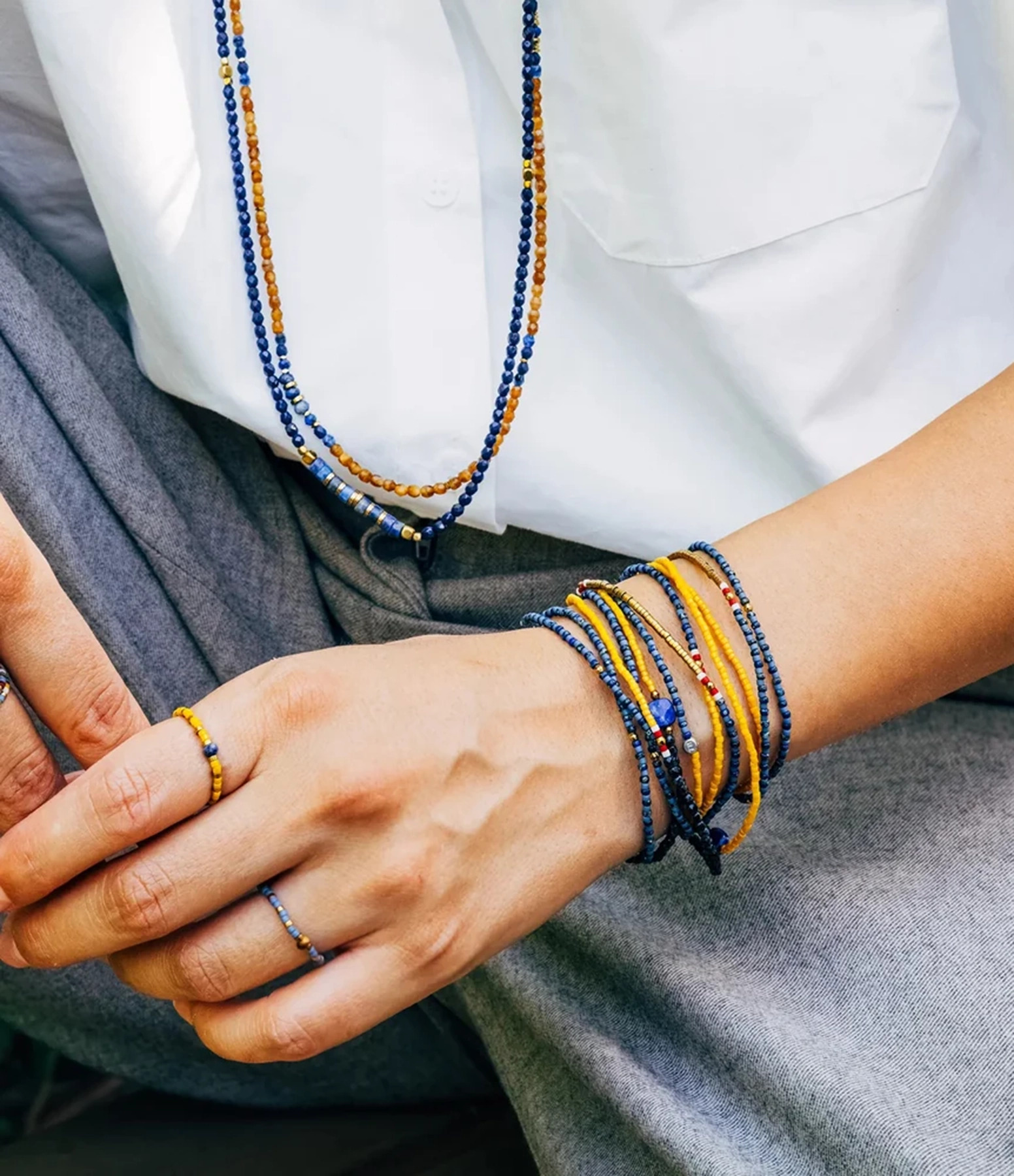 Collier Et Bracelet 6 Tours Fusion Bleu & Moutarde