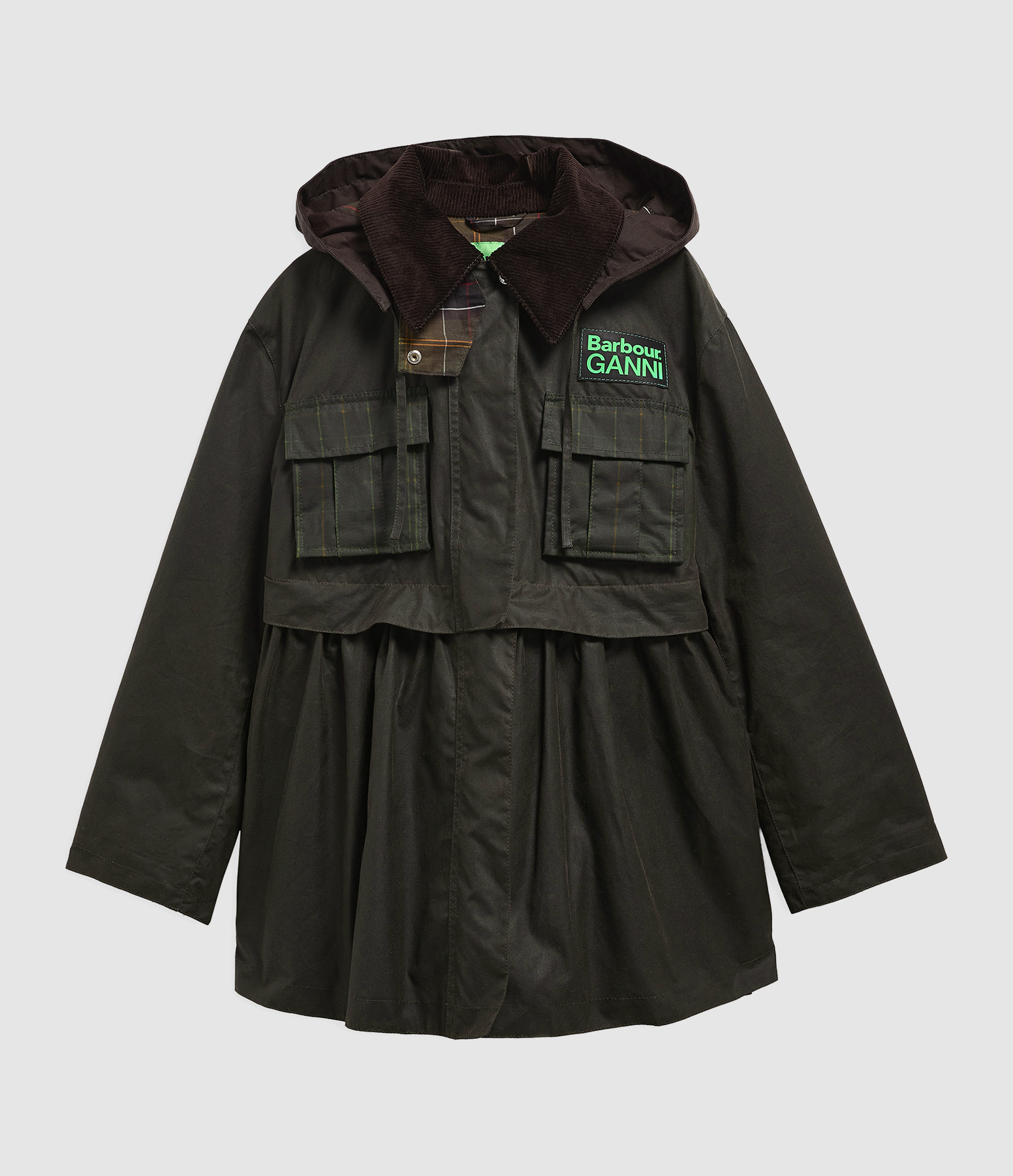 Veste Ganni Peplum Wax Rustic Classic tartan, Collaboration Barbour X Ganni
