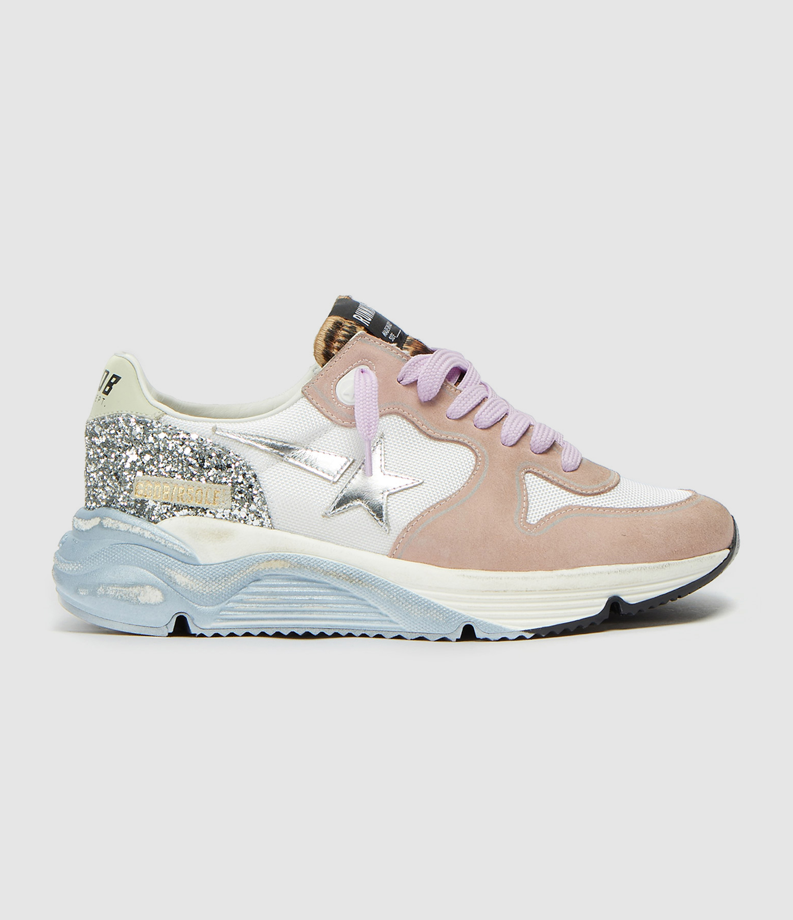 Baskets Running Cuir Blanc Rose Glitter