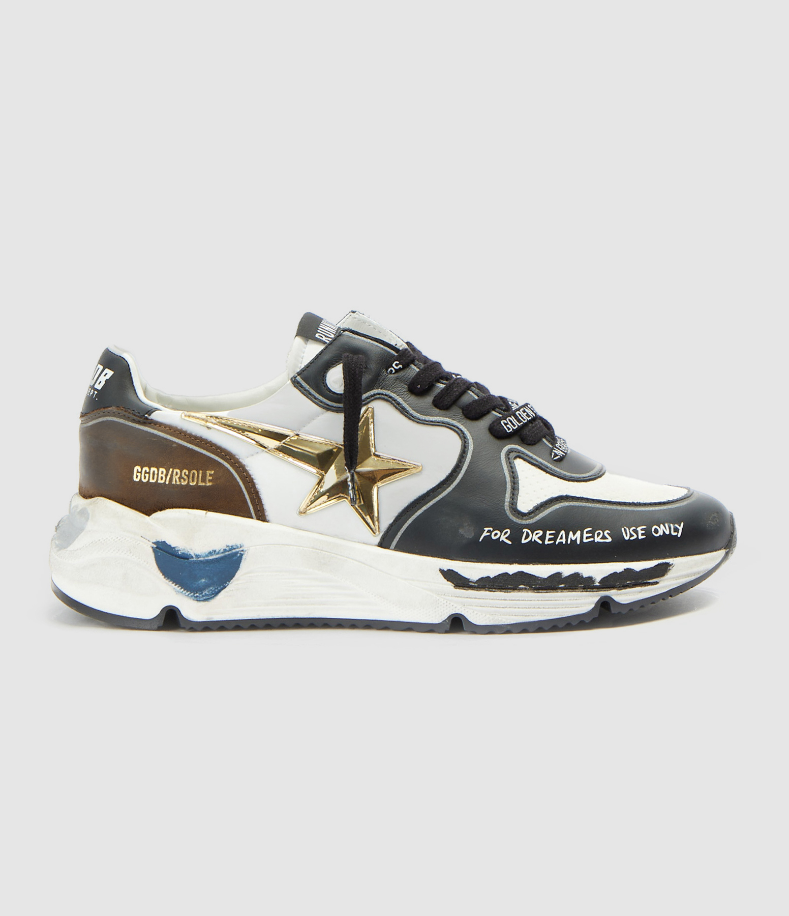 Baskets Homme Running Cuir Blanc Noir Doré