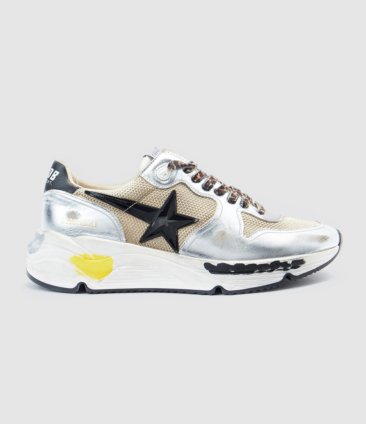 Baskets Homme Running Cuir Beige Noir Argenté