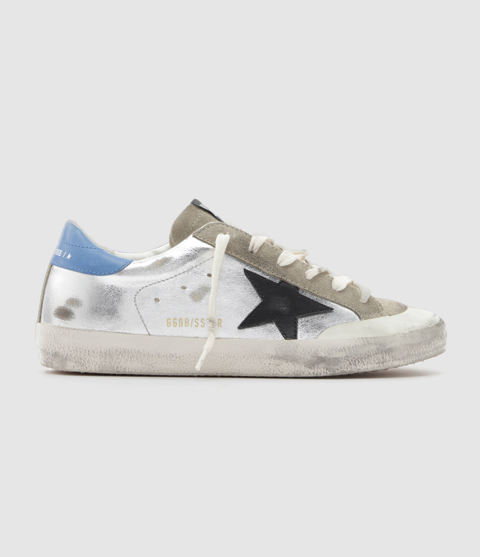 Baskets Super-star Cuir Argenté Taupe Bleu Cobalt