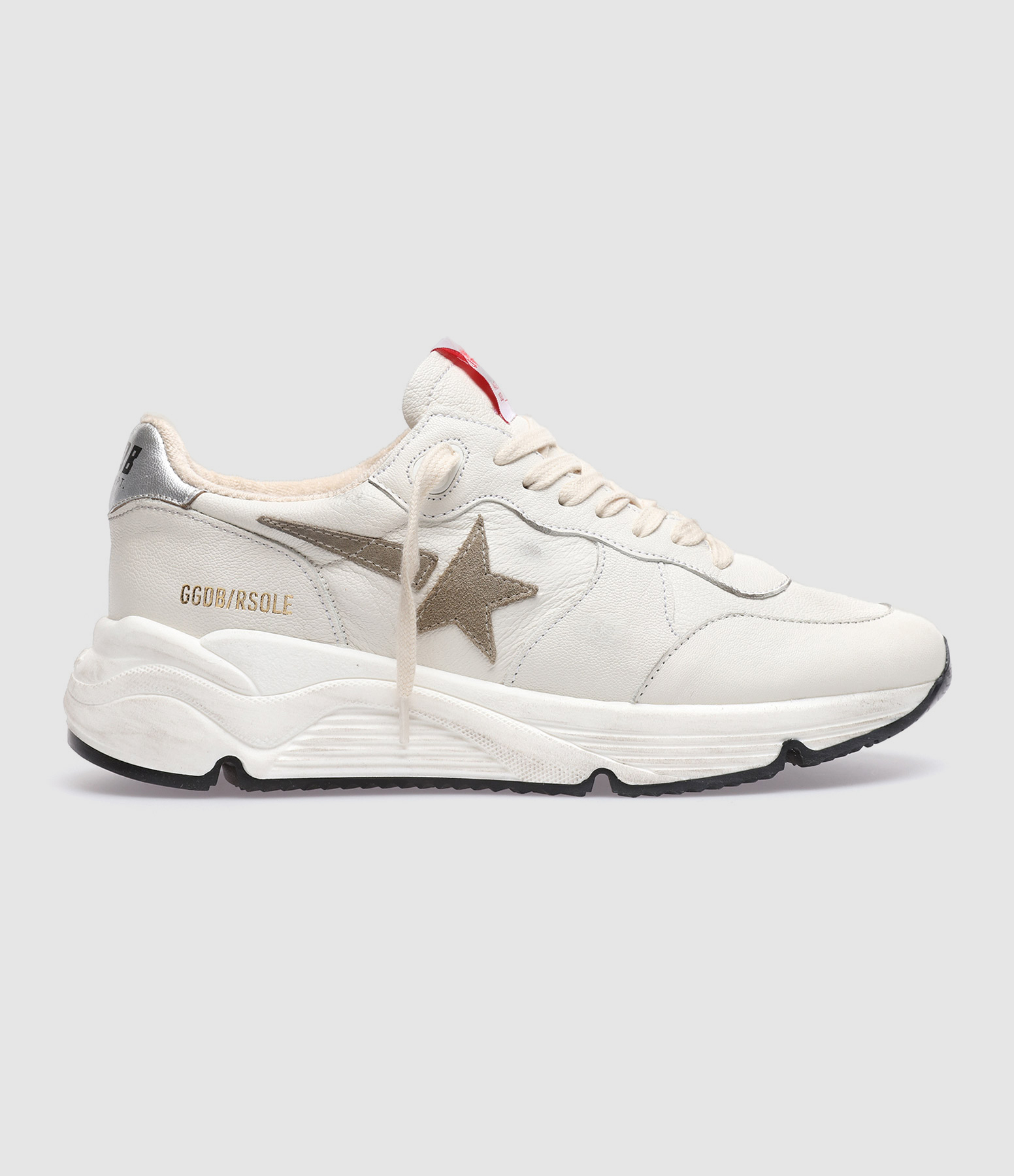 Baskets Running Cuir Blanc Taupe Argenté