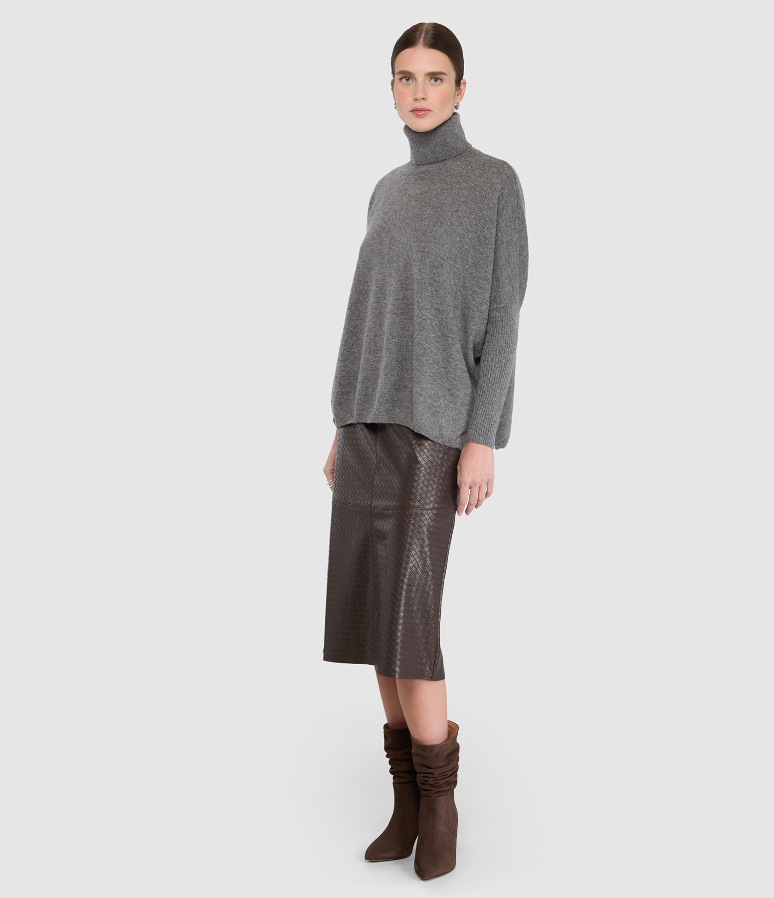 Jupe Rogger  Taille Haute, Mi-Longue Simili Chevron Chocolat
