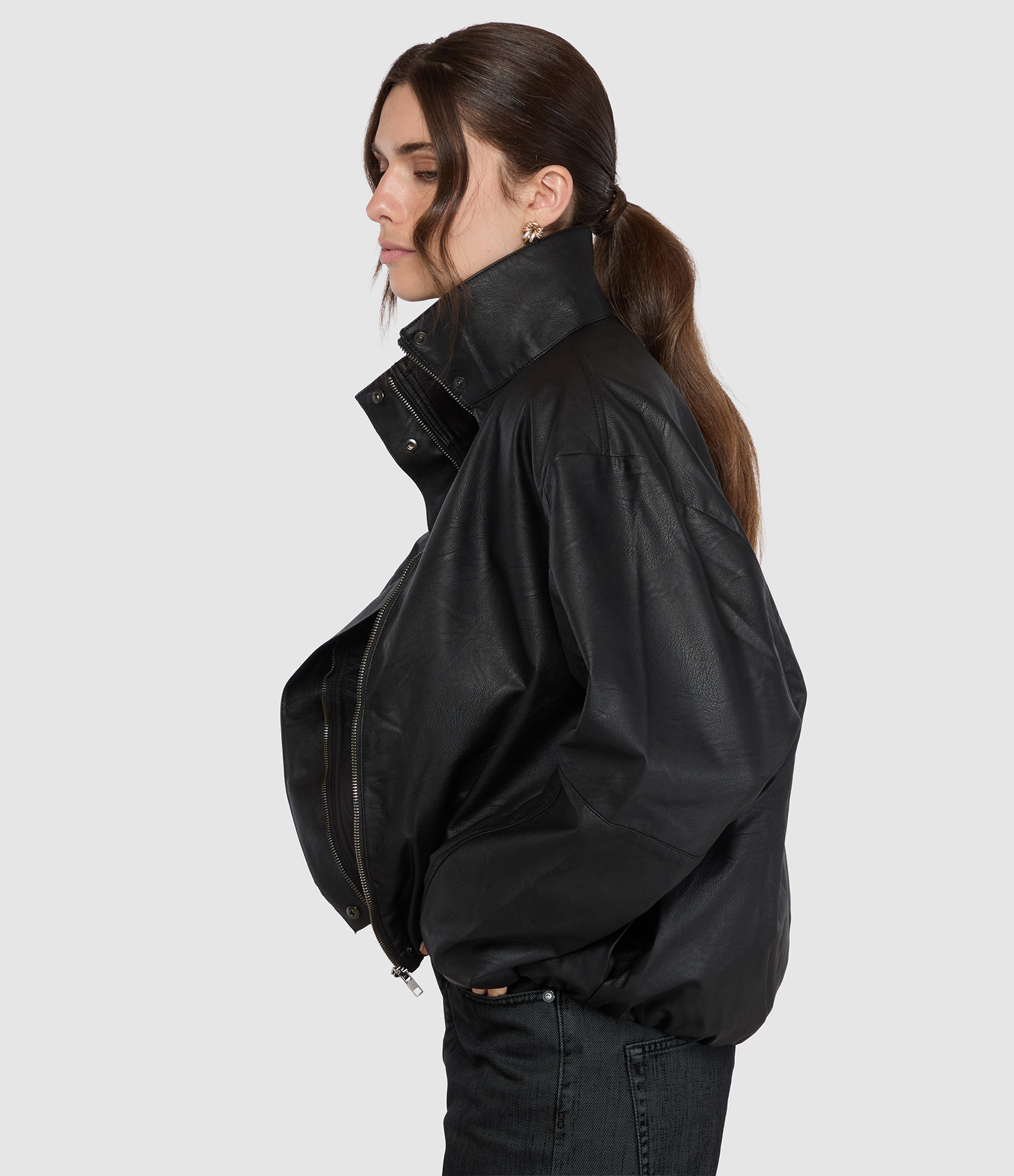 Blouson Romane Simili Cuir, Col Montant Zippé Devant