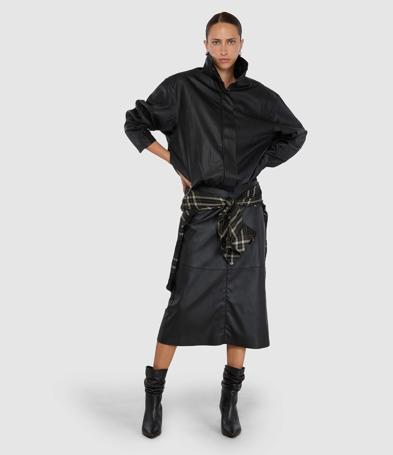 Jupe Romana Taille Haute, Mi-Longue Simili Noir