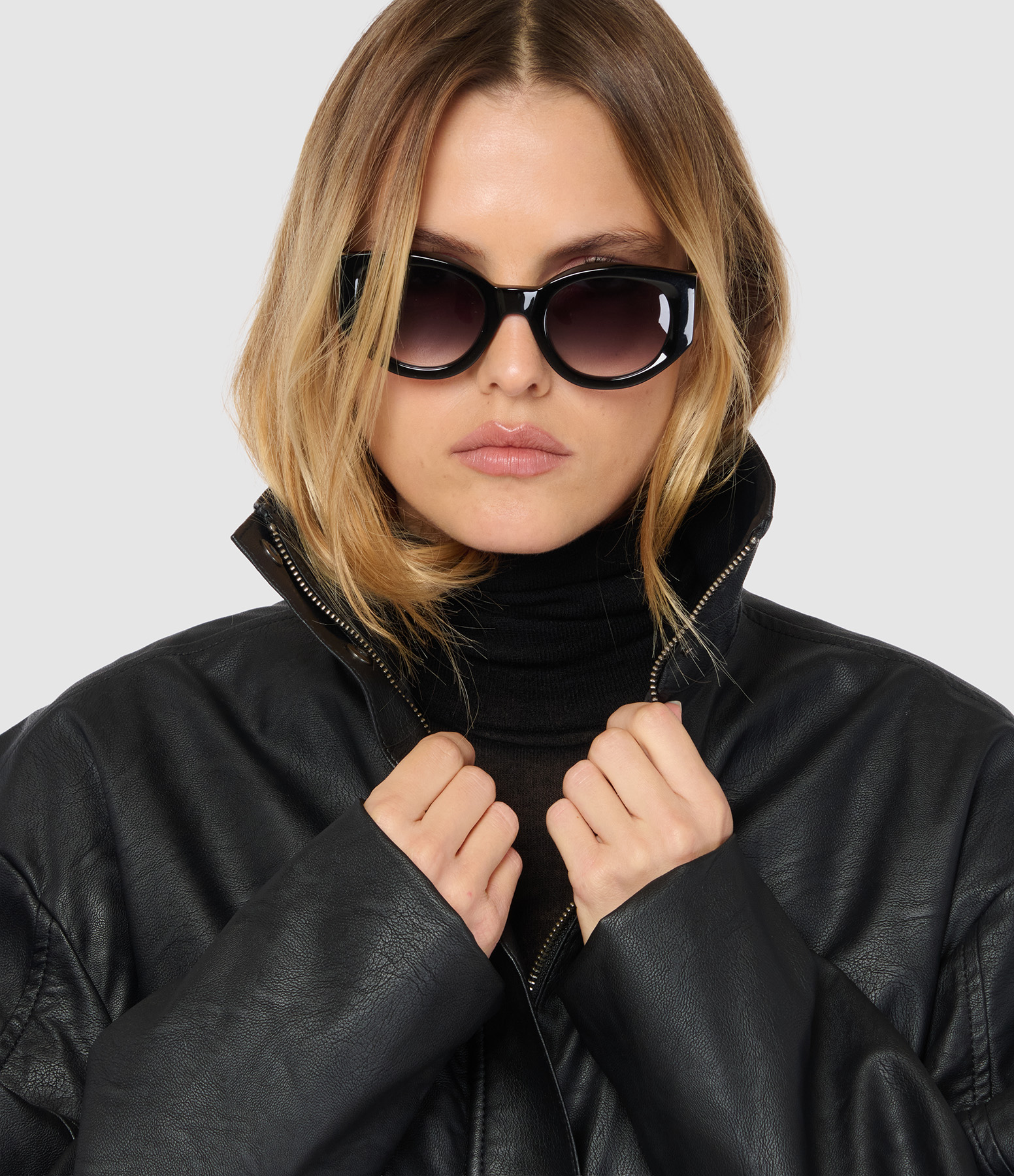 Blouson Romane Simili Cuir, Col Montant Zippé Devant