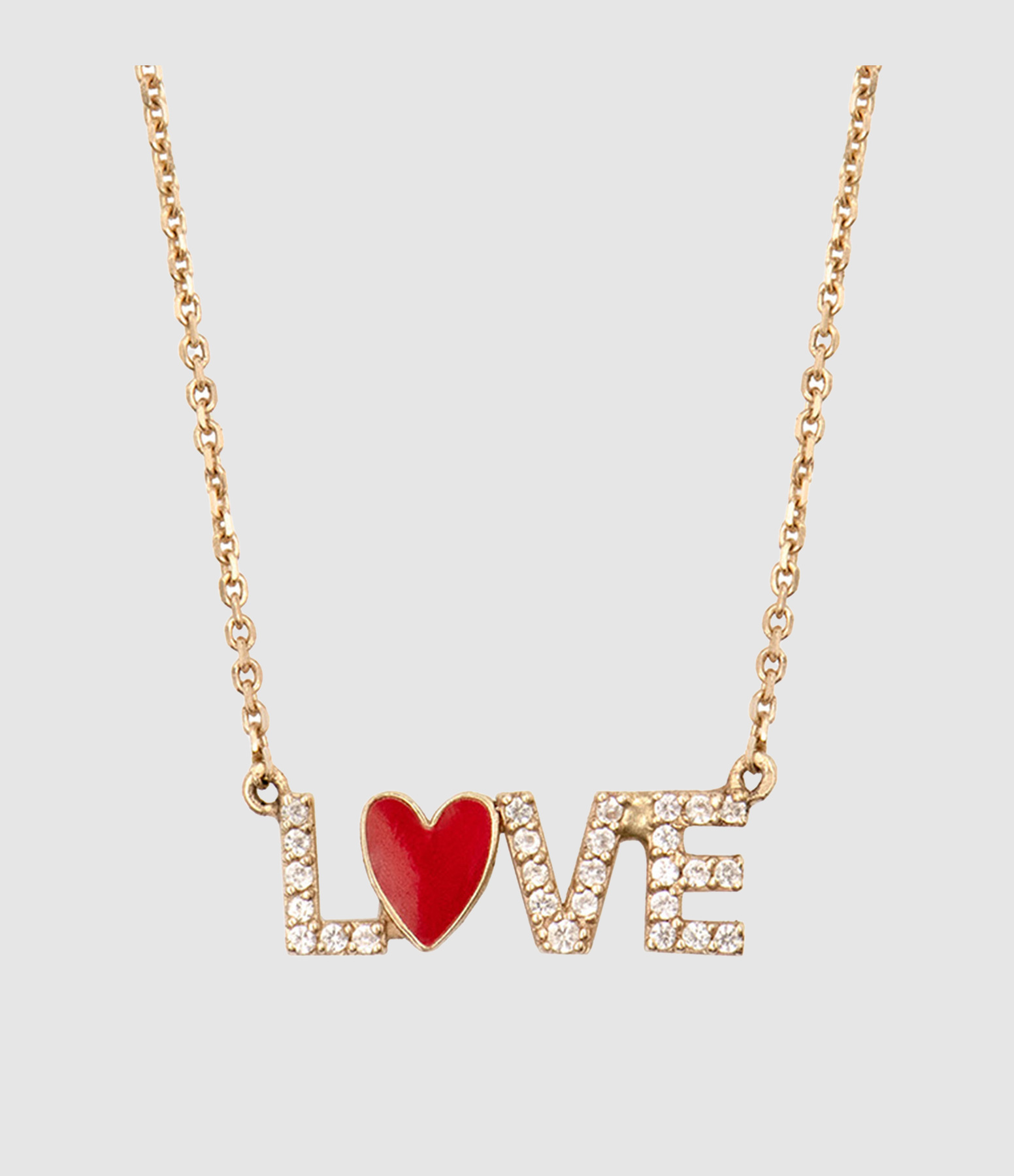 Collier Love Pavé Saphirs Blancs Coeur Émail Rouge 14 Carats Or Jaune