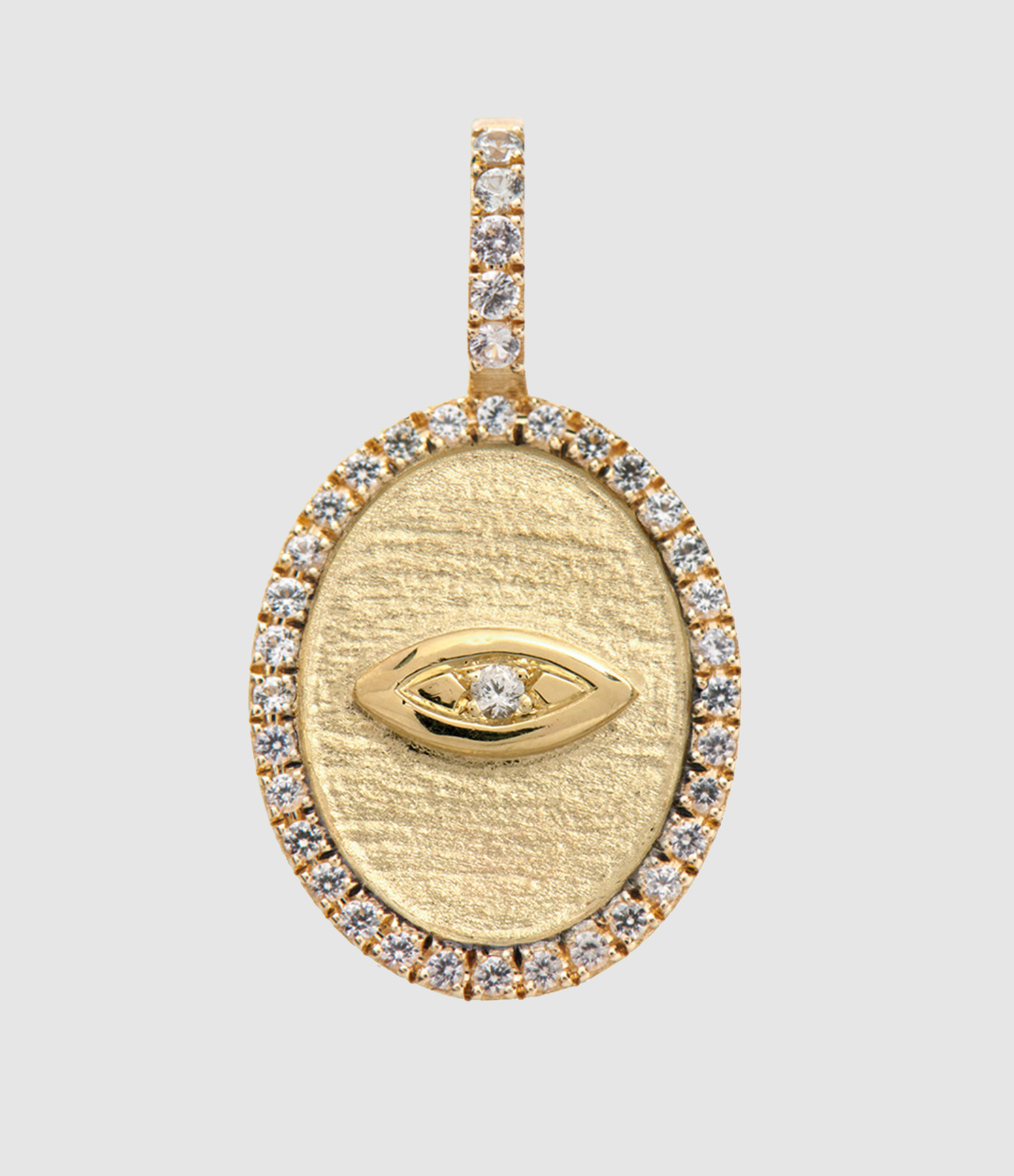 Pendentif Ovale Oeil Pavé 34 Saphirs Blancs 14 Carats Or Jaune