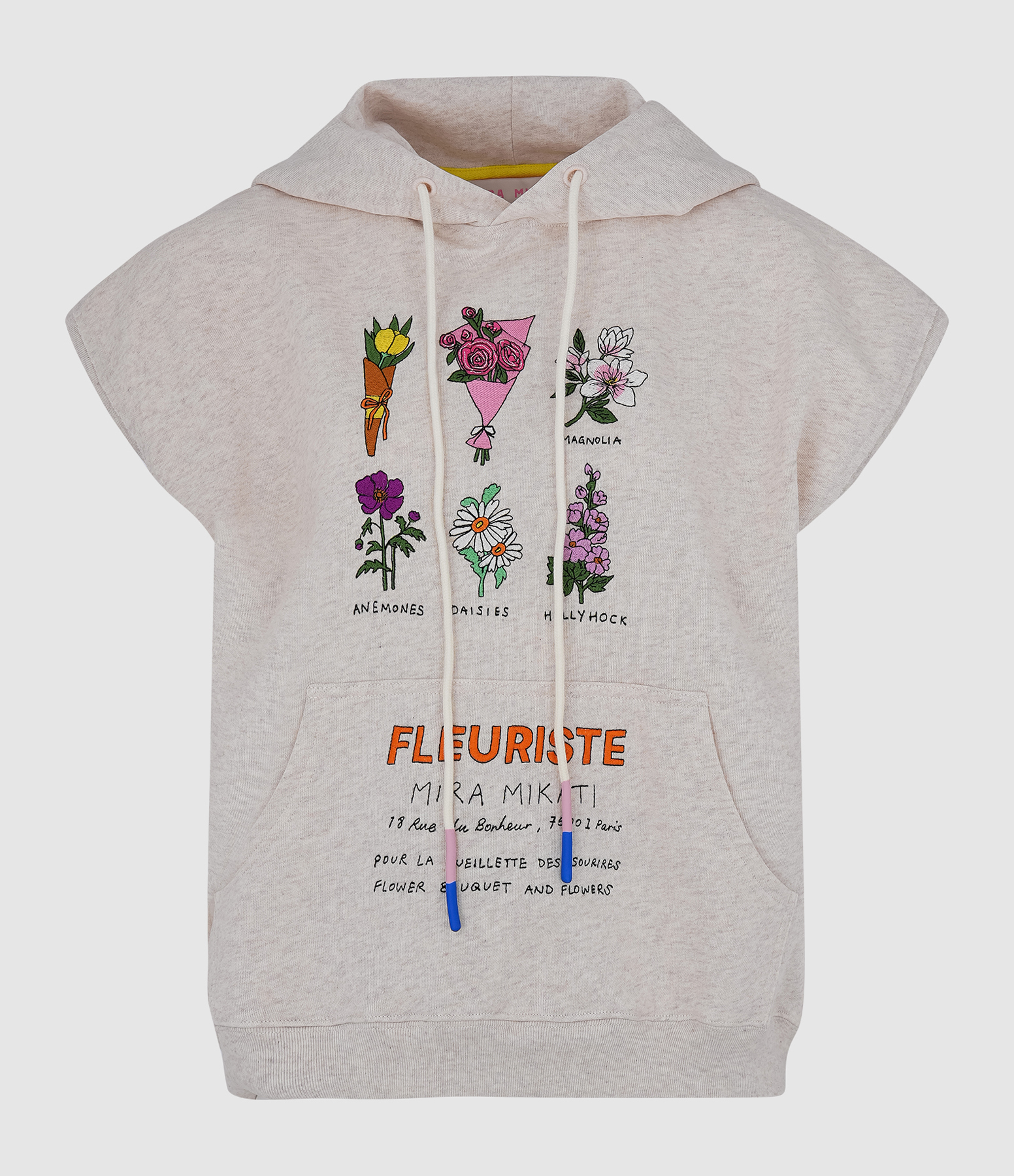 Sweatshirt Hoodie Embroidered Sleeveless Oatmeal Melange