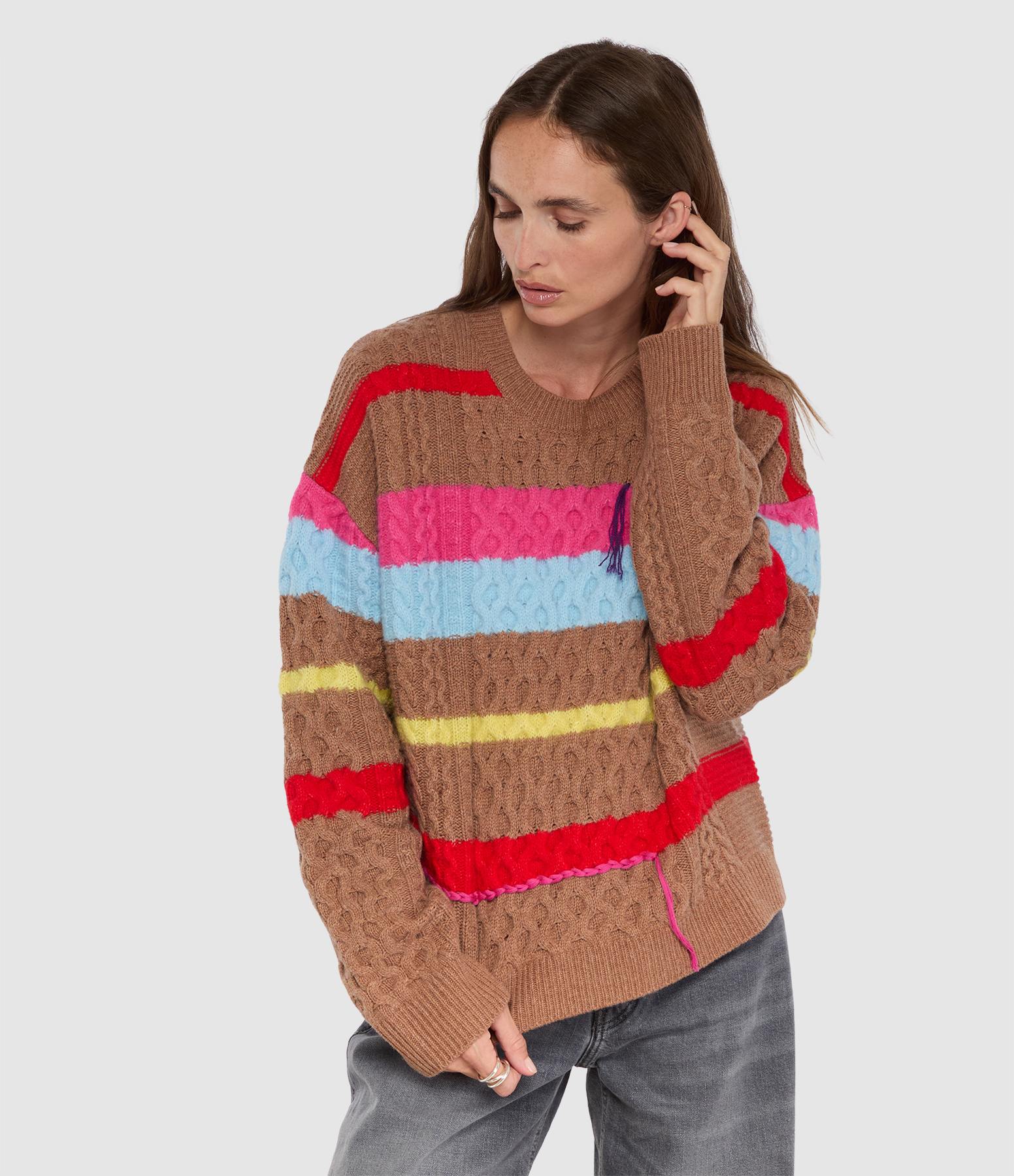 Pull Stripe Chunky Cable With Embroidery Brown Multi