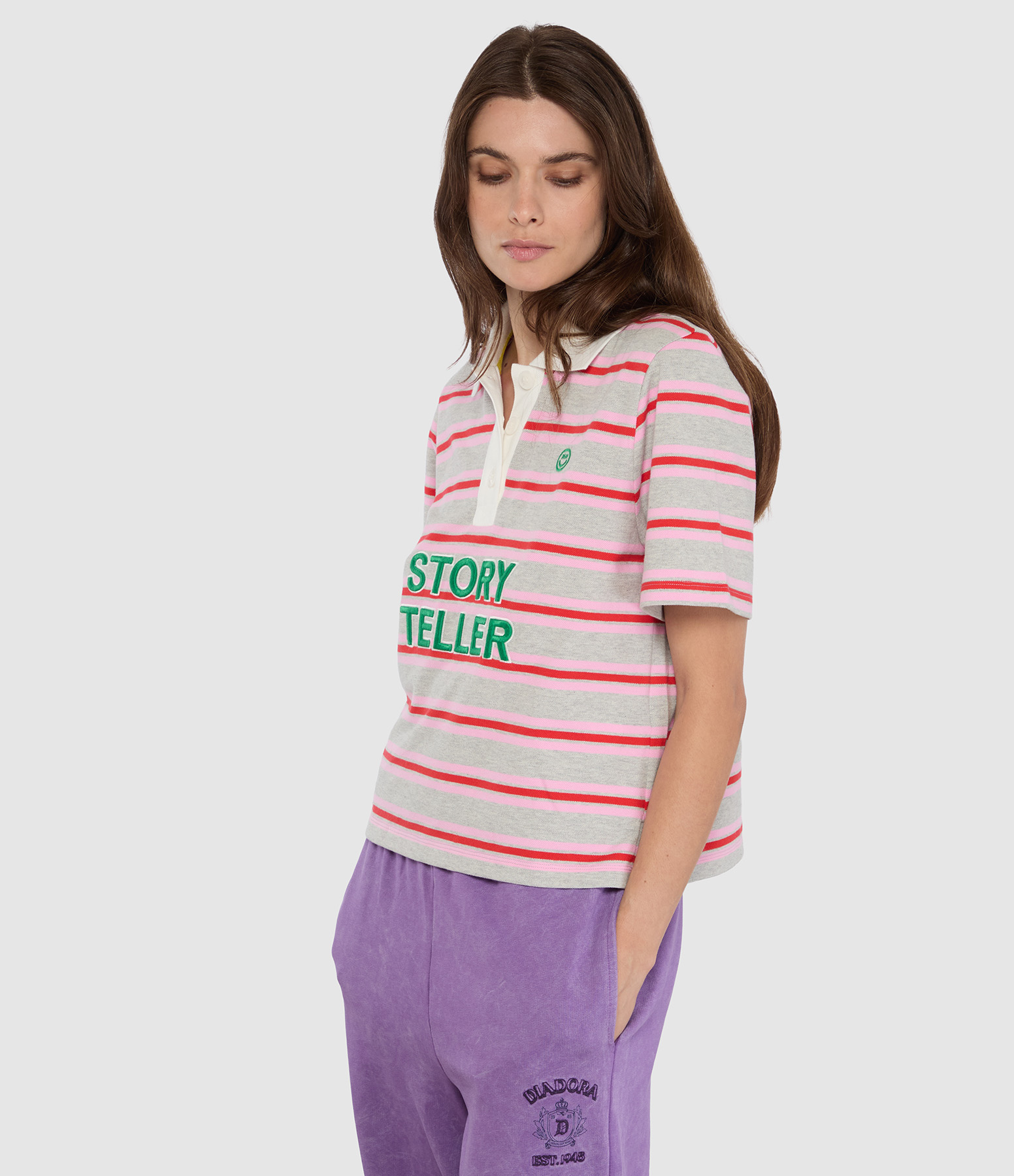 Polo 'Storyteller' Emb Striped Pink Grey