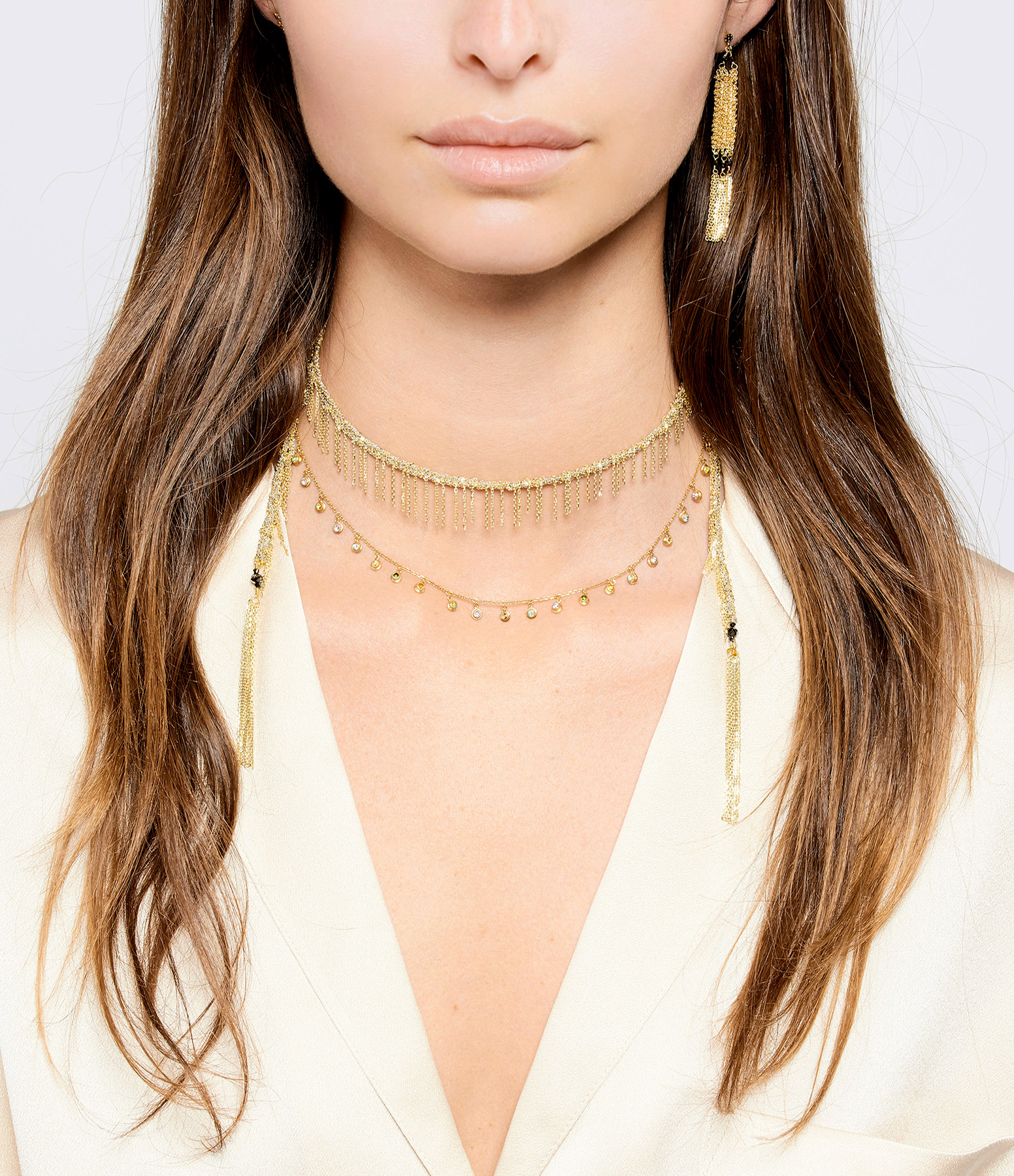 Collier Lariat Franges Doré Gris