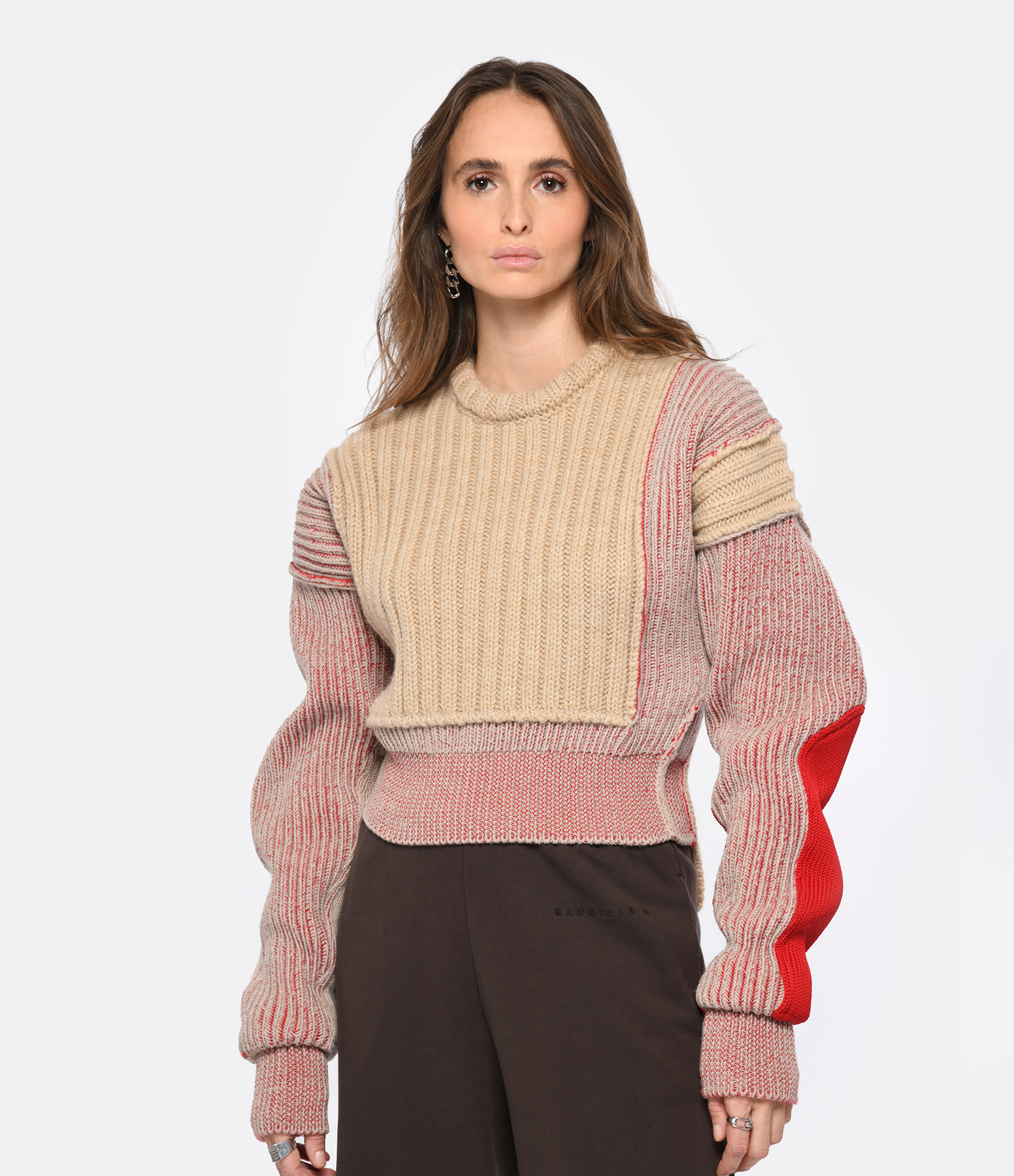 Pull Court Laine Beige Rouge