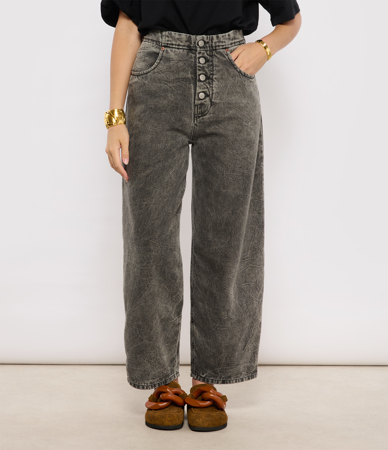 Jean Taille Haute Denim Gris Délavé