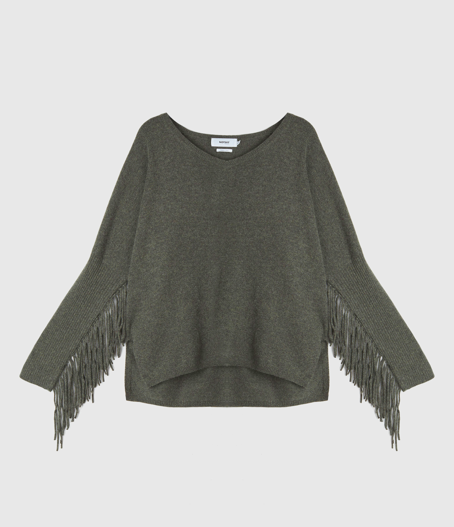 Pull Poncho Col V  A Franges Cachemire Ash