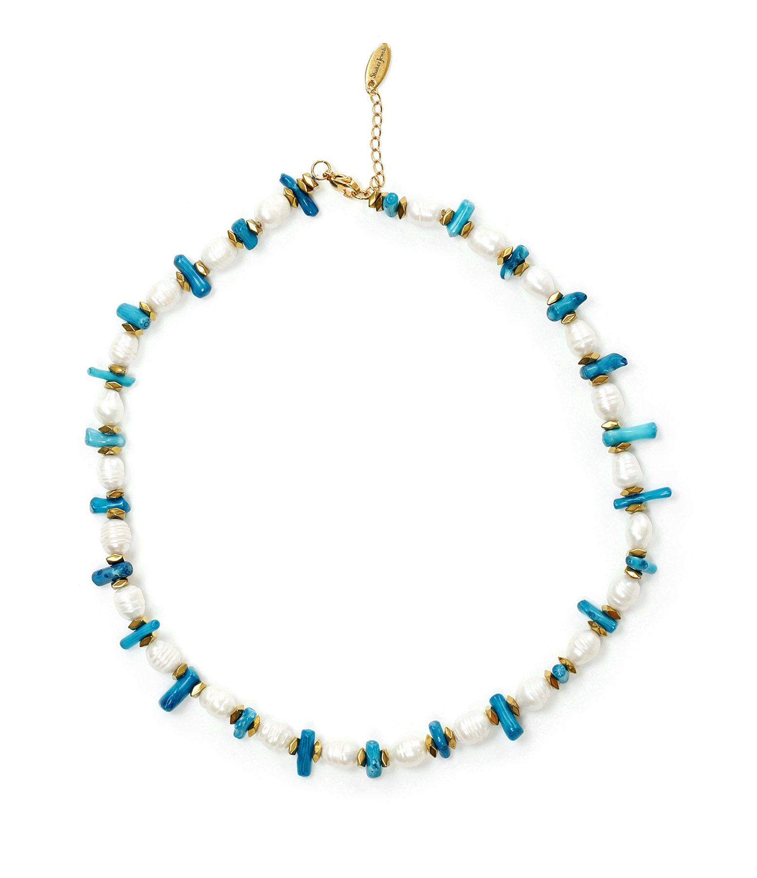 Collier EXPRESS Perles Turquoise Doré Bleu Pompon – Long 36″ – Neuf Sous Blister