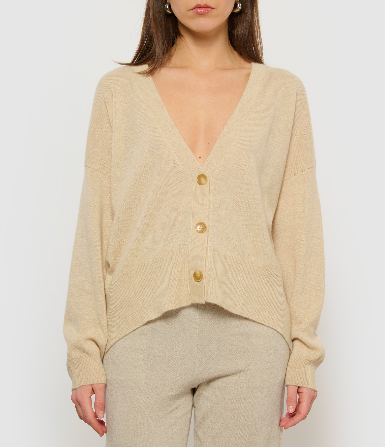 Cardigan Manille Col V Cachemire Beige Chiné