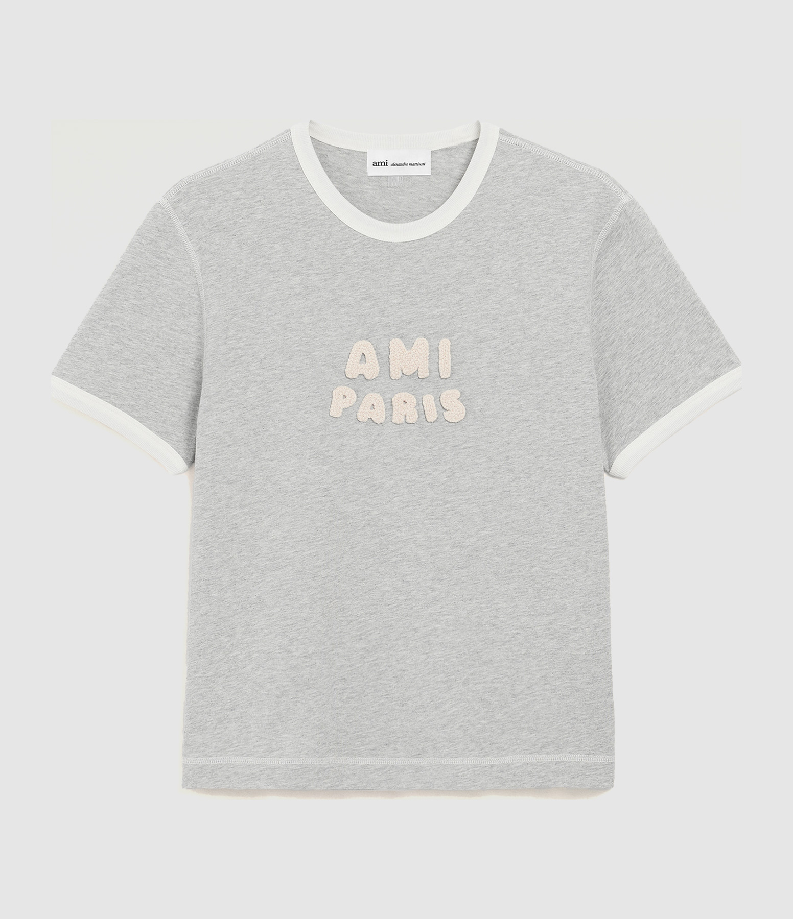 T-Shirt With Ami Paris Knitted Patch Gris Chine Blanc Creme